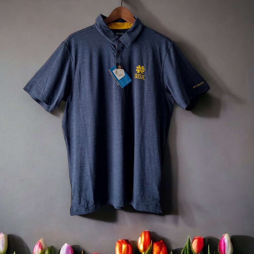 Columbia Men’s Navy Notre Dame Fighting Irish Tech Trail Omni-Shade Polo L NWT
